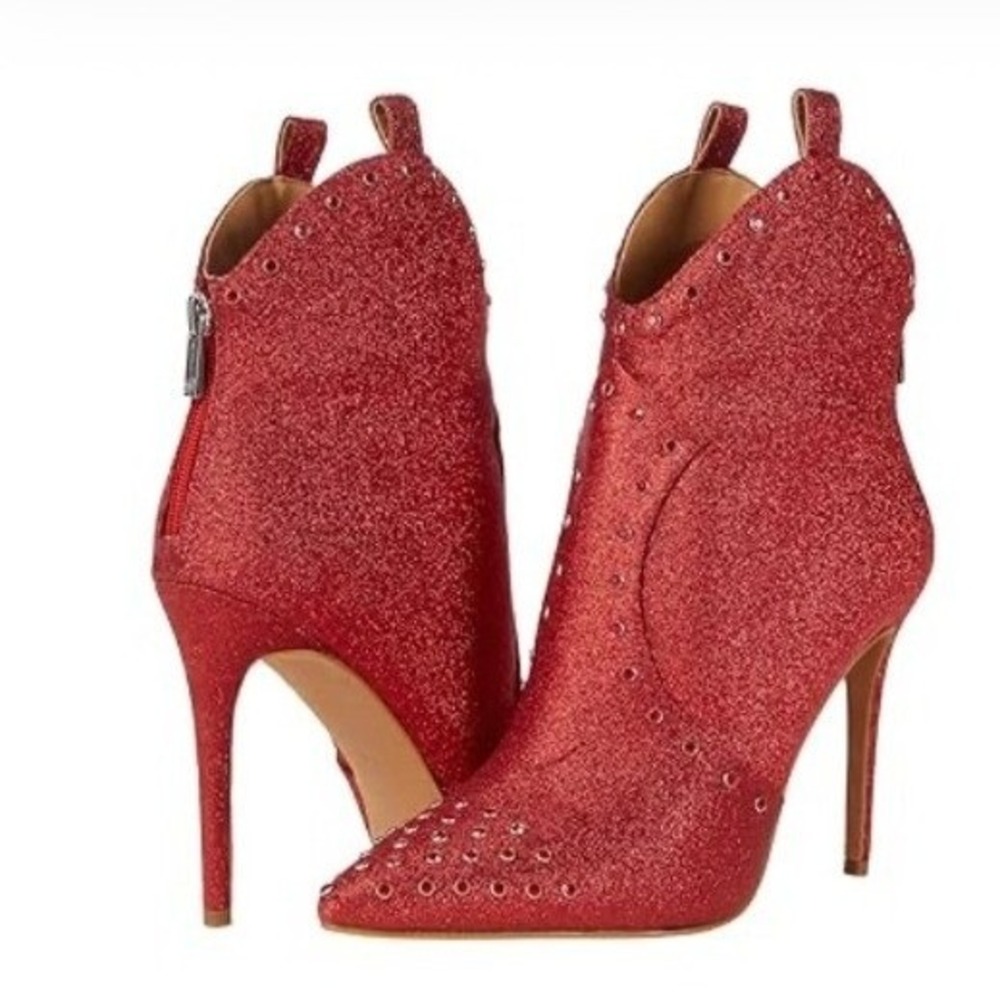 Jessica Simpson Pixillez 3 Red Glitter Studded Pointed Toe Stiletto Booties 8.5